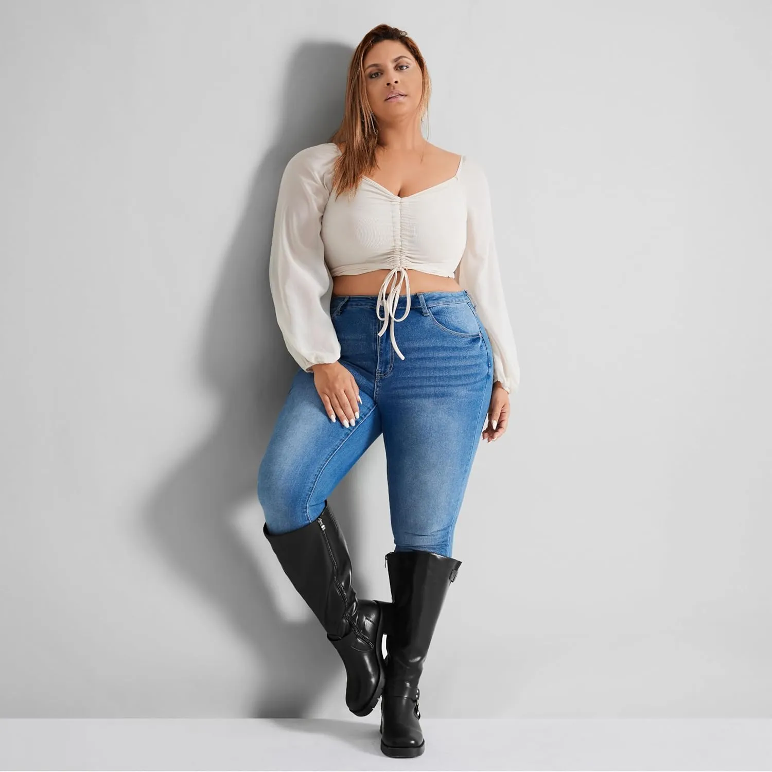 Pasuot Extra Wide Calf Boots for Women - Knee High Square Toe Wide Width Platform Plus Size Tall Boots with Side Zip, Elastic bands Buckle Chunky Heel Wide Leg Fashion Motorcycle Boot for Spring Fall