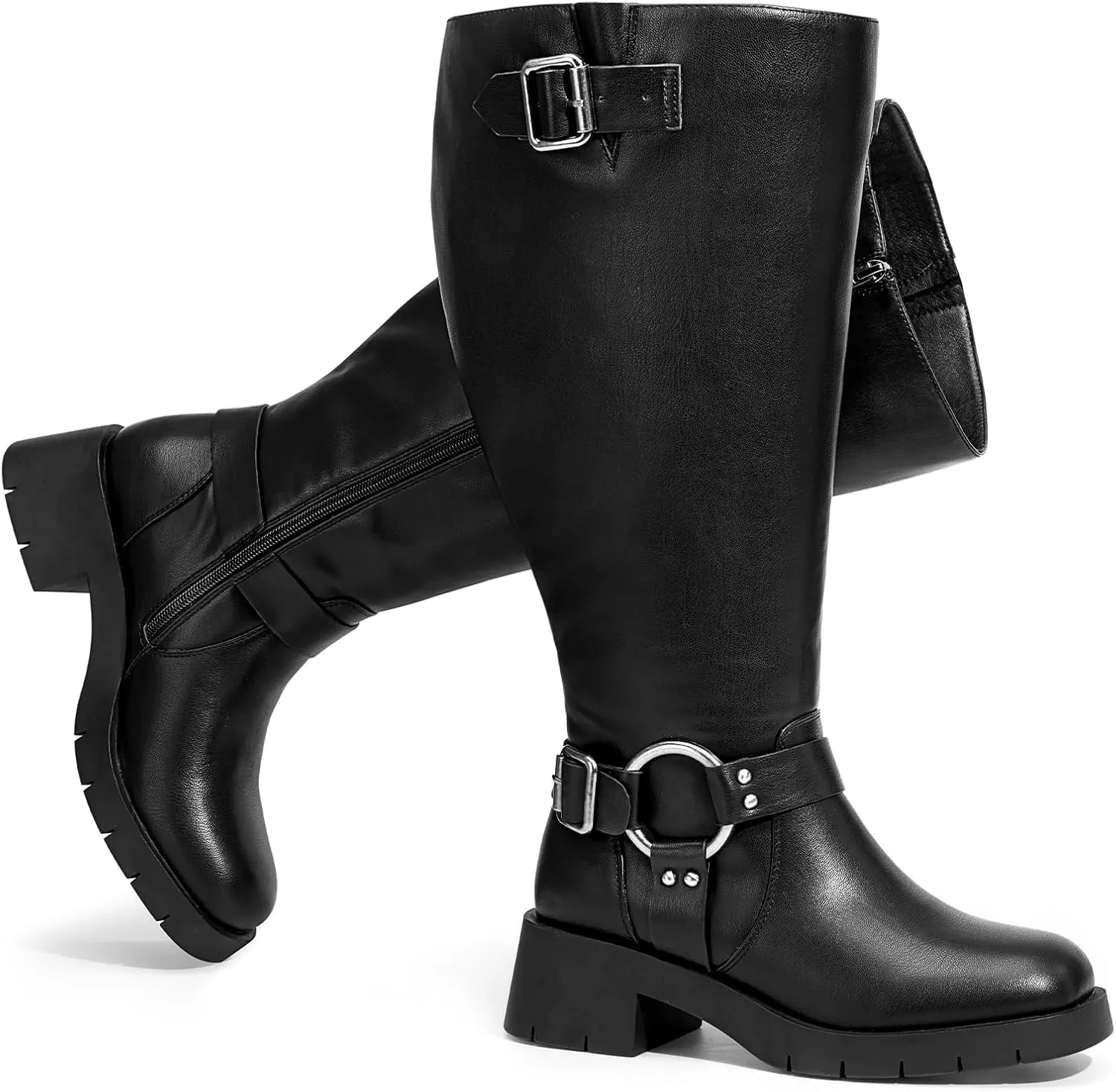Pasuot Extra Wide Calf Boots for Women - Knee High Square Toe Wide Width Platform Plus Size Tall Boots with Side Zip, Elastic bands Buckle Chunky Heel Wide Leg Fashion Motorcycle Boot for Spring Fall