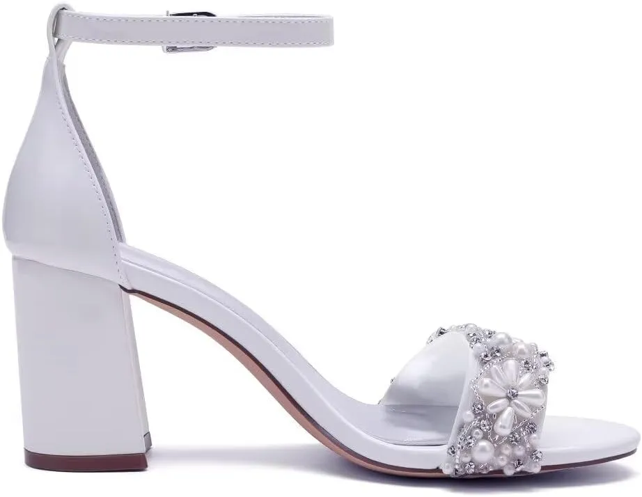 Pearl Wedding Shoes for Bride Block Heel Wedding Sandals Open Toe Bridal Heels