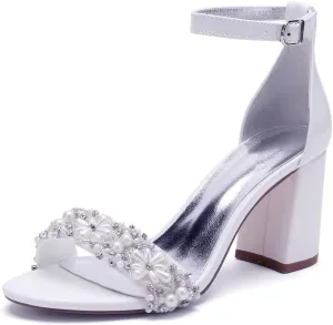 Pearl Wedding Shoes for Bride Block Heel Wedding Sandals Open Toe Bridal Heels