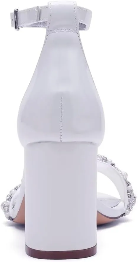 Pearl Wedding Shoes for Bride Block Heel Wedding Sandals Open Toe Bridal Heels