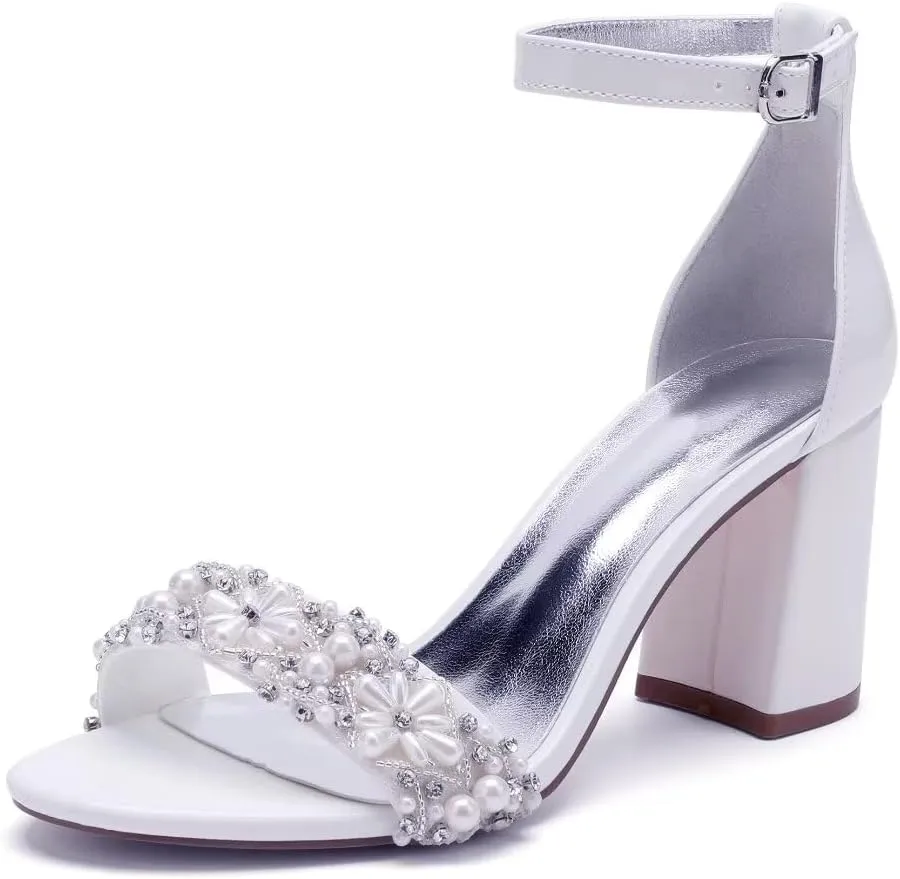 Pearl Wedding Shoes for Bride Block Heel Wedding Sandals Open Toe Bridal Heels