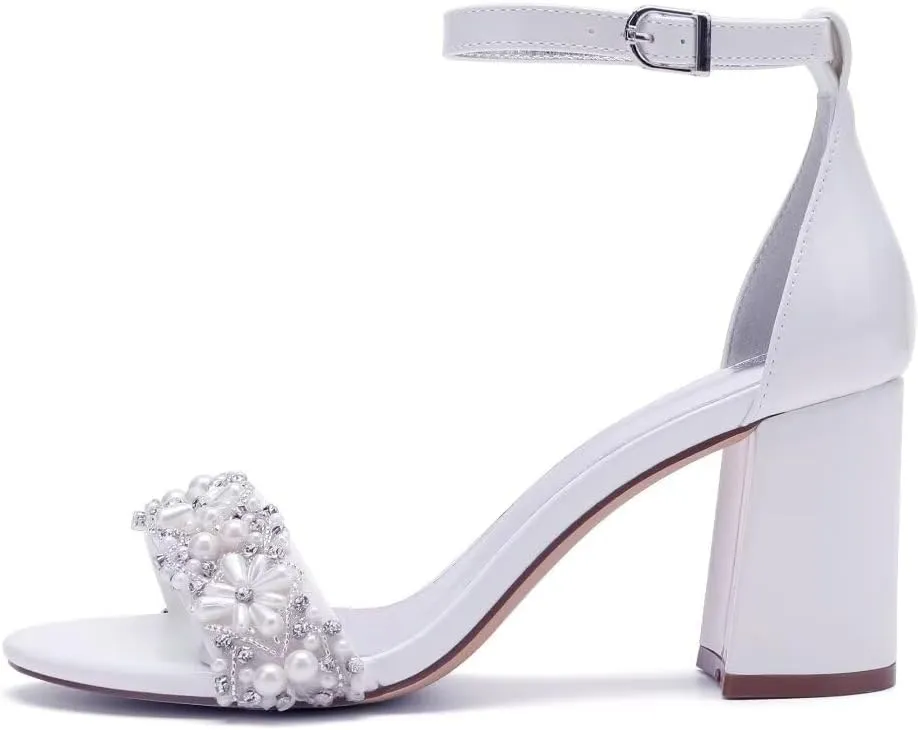Pearl Wedding Shoes for Bride Block Heel Wedding Sandals Open Toe Bridal Heels