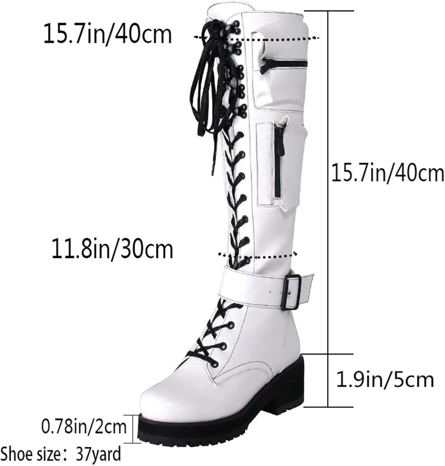 pearlzone Women's Lace Up Knee High Boots,Synthetic Leather Pockets Biker Goth Shoes,Knitting Stitching Lace Up Combat Booties