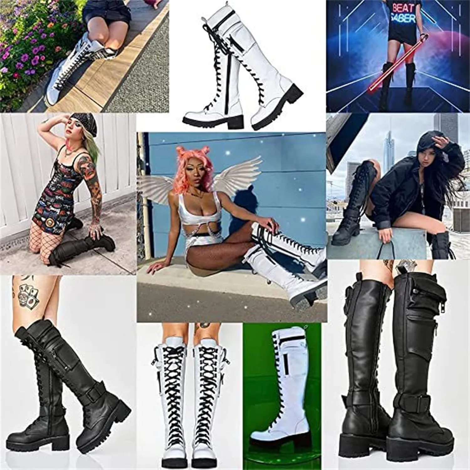 pearlzone Women's Lace Up Knee High Boots,Synthetic Leather Pockets Biker Goth Shoes,Knitting Stitching Lace Up Combat Booties
