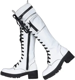 pearlzone Women's Lace Up Knee High Boots,Synthetic Leather Pockets Biker Goth Shoes,Knitting Stitching Lace Up Combat Booties