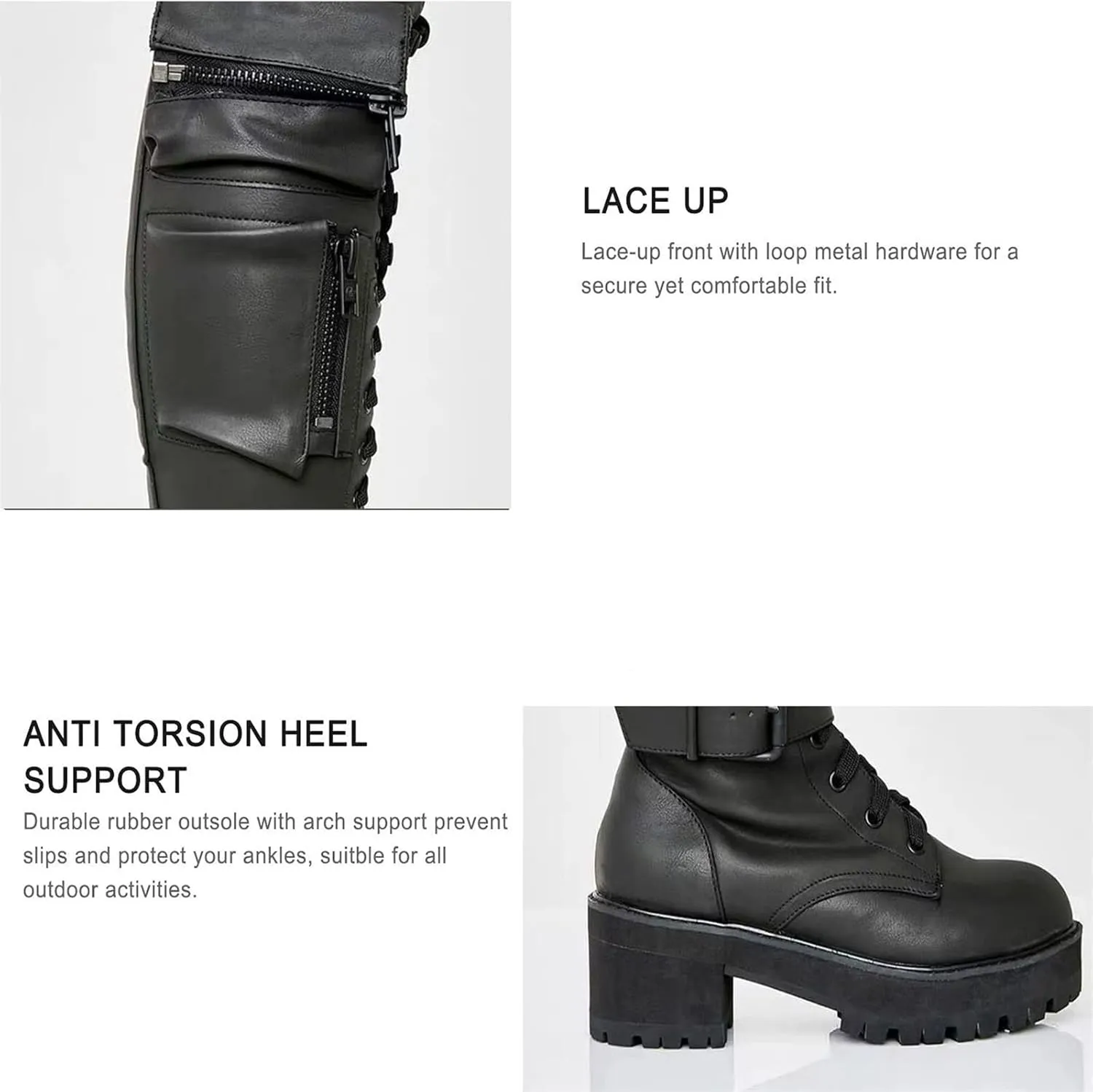 pearlzone Women's Lace Up Knee High Boots,Synthetic Leather Pockets Biker Goth Shoes,Knitting Stitching Lace Up Combat Booties
