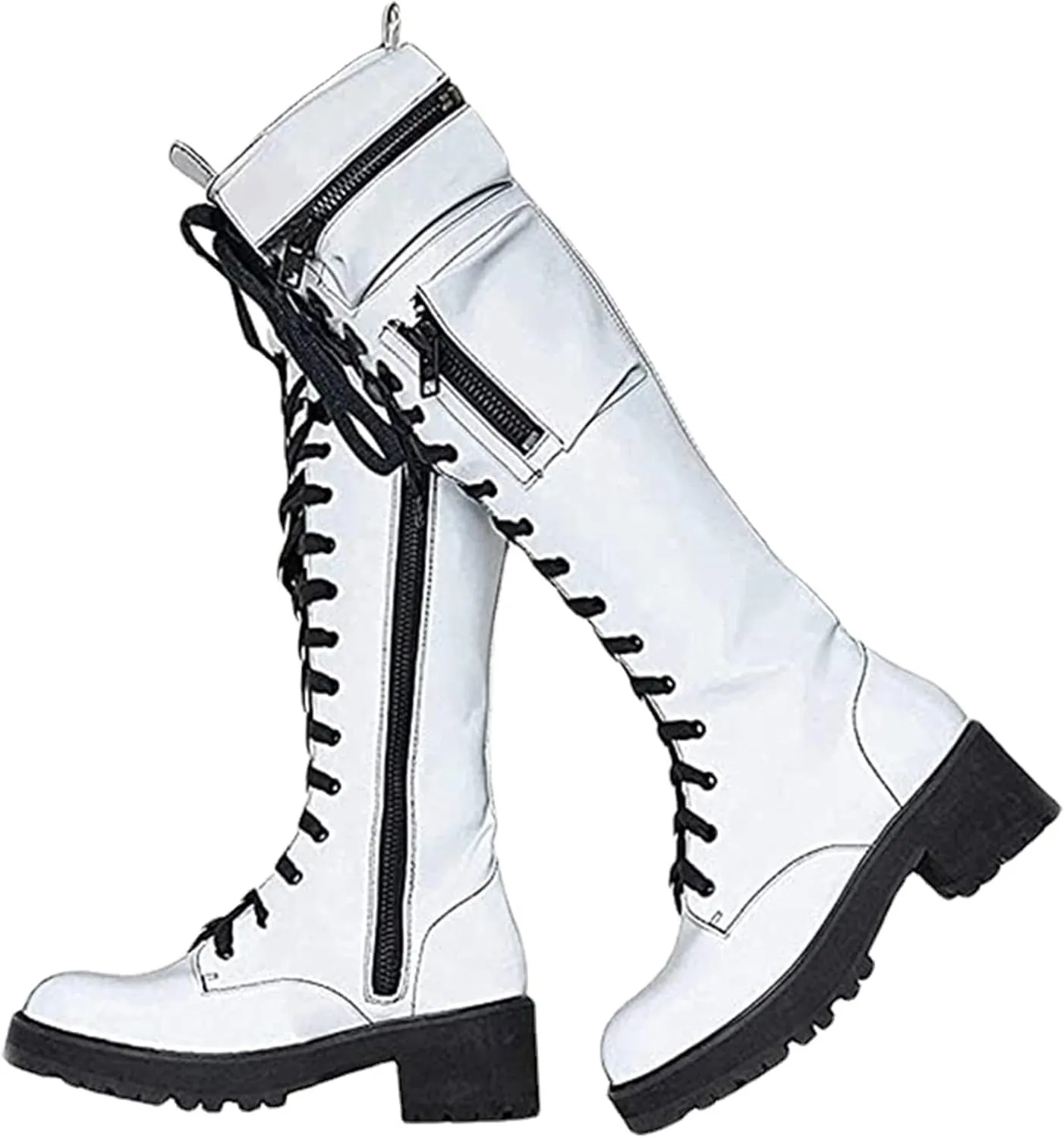 pearlzone Women's Lace Up Knee High Boots,Synthetic Leather Pockets Biker Goth Shoes,Knitting Stitching Lace Up Combat Booties