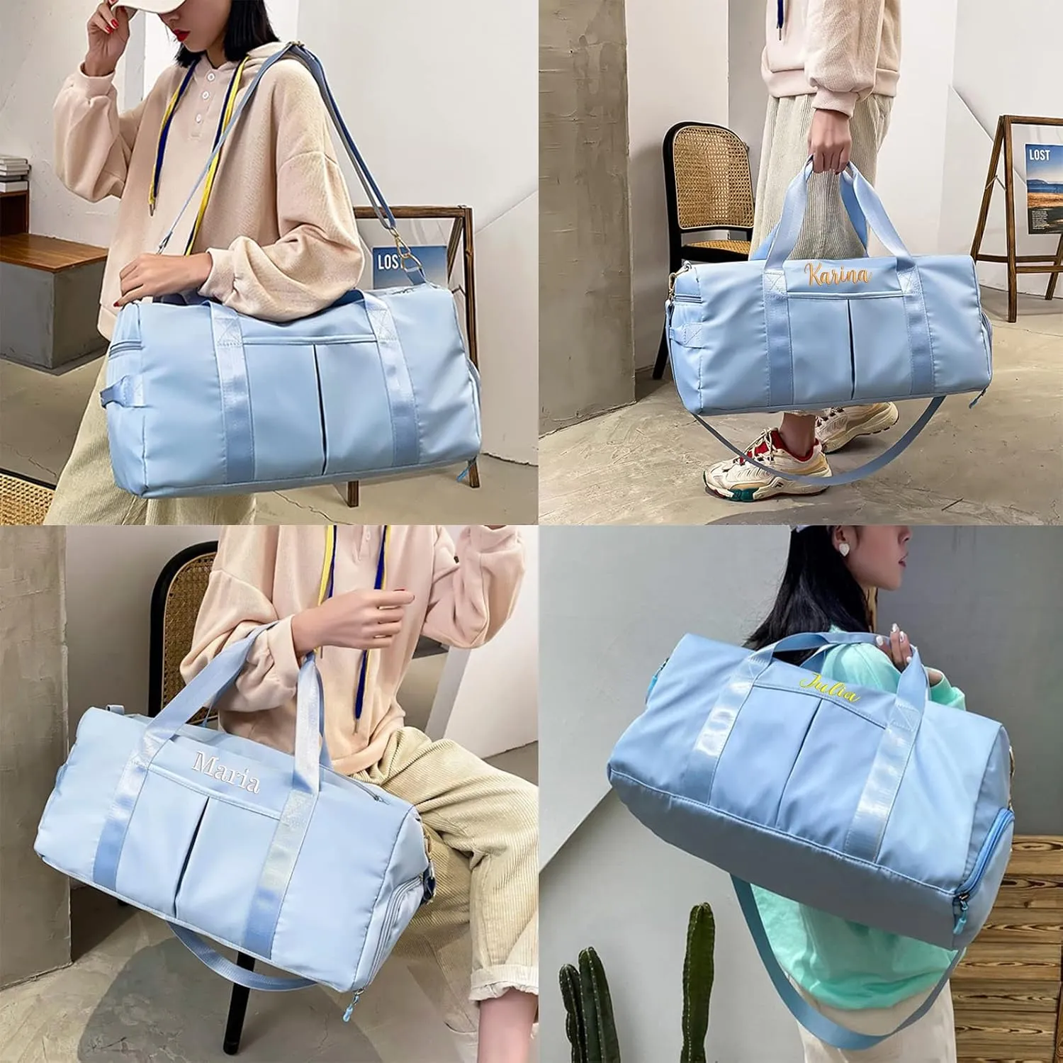Personalized Duffel Bag Embroidered Sports Gym Bag Travel with Wet Dry Pockets & Shoe Compartment Gift For Groomsman,Bridesmaid (Baby Blue)