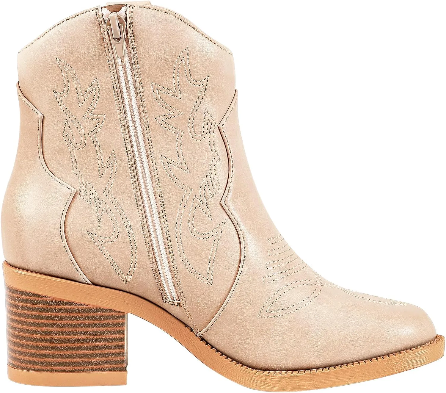 PIZZ ANNU Women's Embroidered Western Cowboy Boots Cowgirl Round Toe Short Ankle Boots Ladies Fashion Retro Classic Booties Chunky Heels