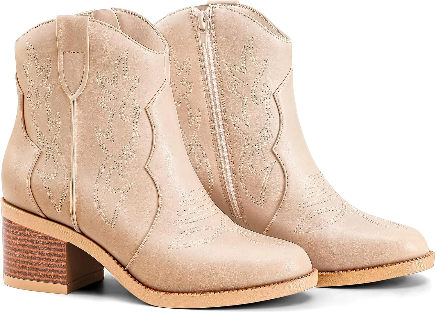PIZZ ANNU Women's Embroidered Western Cowboy Boots Cowgirl Round Toe Short Ankle Boots Ladies Fashion Retro Classic Booties Chunky Heels