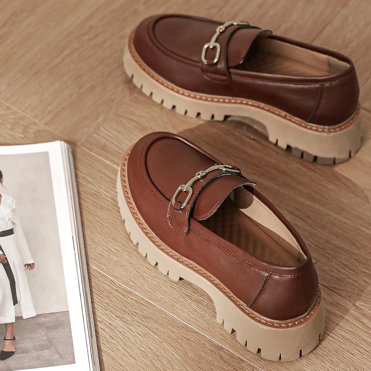 Platform Loafers for Women Chunky Heel Lug Sole Loafers Slip ons Round Toe