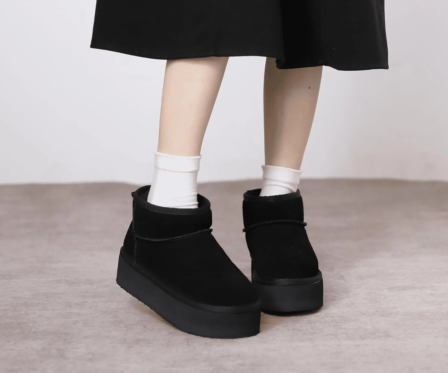Platform Mini Boots For Women - Genuine Suede Fuzzy Winter Pull-on With Wool Lining - Women's Snow Ankle Fur Boot