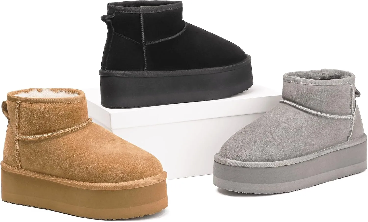 Platform Mini Boots For Women - Genuine Suede Fuzzy Winter Pull-on With Wool Lining - Women's Snow Ankle Fur Boot