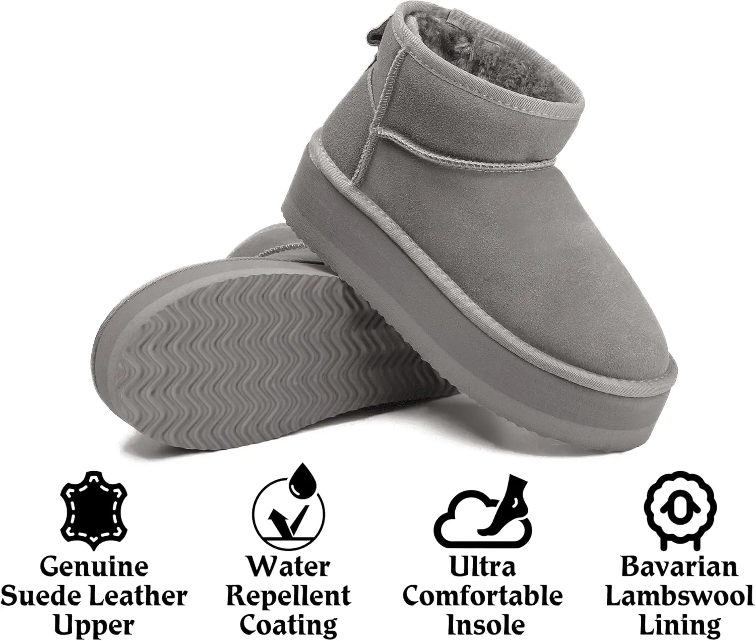 Platform Mini Boots For Women - Genuine Suede Fuzzy Winter Pull-on With Wool Lining - Women's Snow Ankle Fur Boot