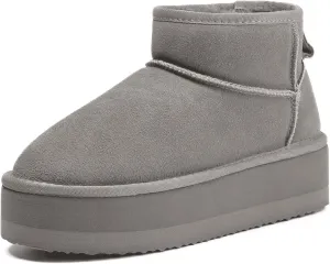 Platform Mini Boots For Women - Genuine Suede Fuzzy Winter Pull-on With Wool Lining - Women's Snow Ankle Fur Boot