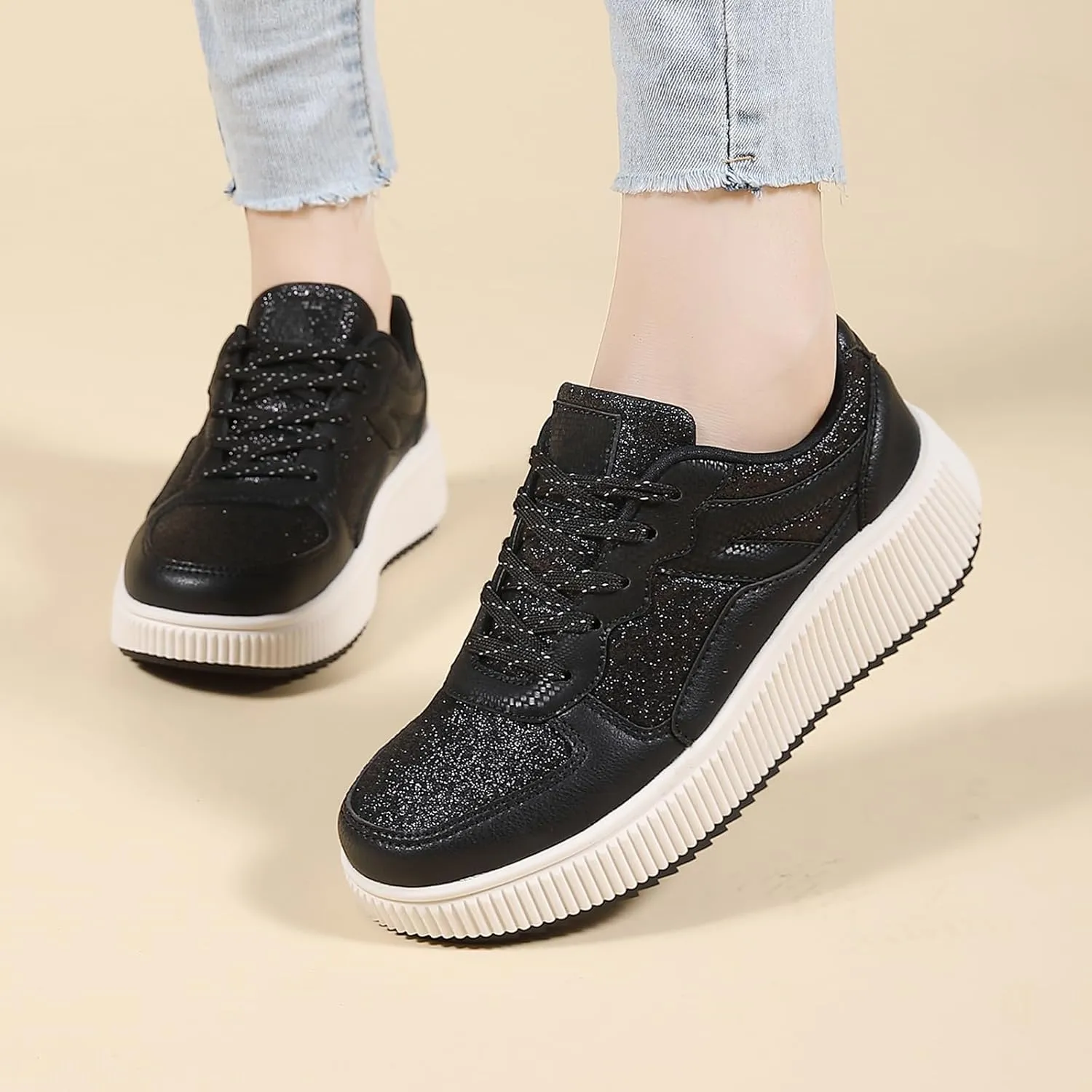 Platform Sneakers for Women Glitter Lightweight Tennis Walking Shoes