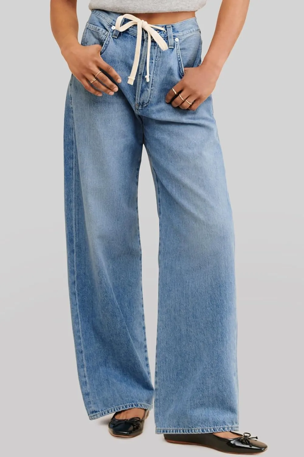 PLNOTME Womens Baggy Wide Leg Jeans Boyfriend Drawstring High Waisted Mom Denim Pants with Pockets
