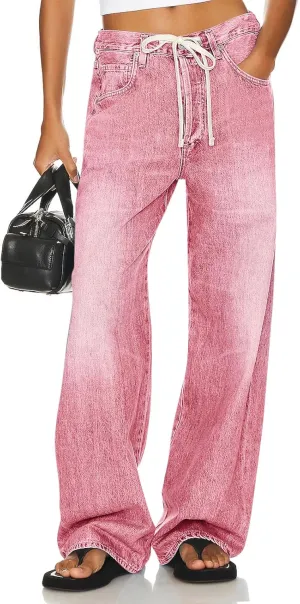 PLNOTME Womens Baggy Wide Leg Jeans Boyfriend Drawstring High Waisted Mom Denim Pants with Pockets