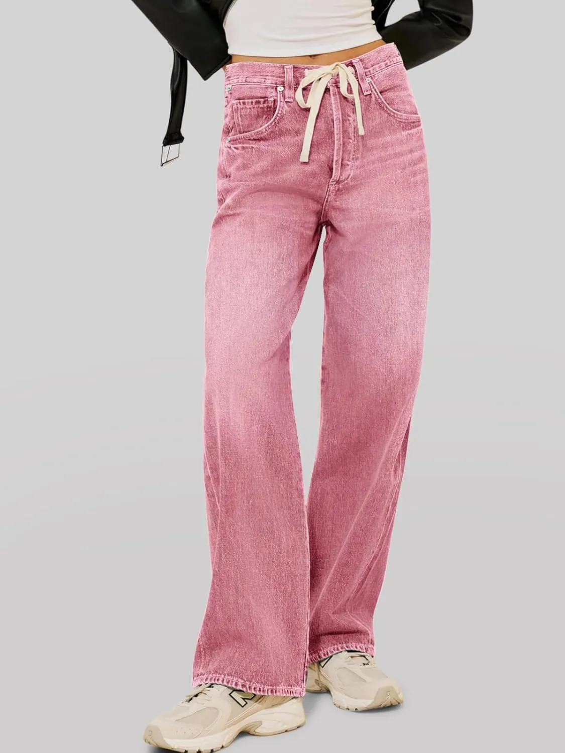 PLNOTME Womens Baggy Wide Leg Jeans Boyfriend Drawstring High Waisted Mom Denim Pants with Pockets