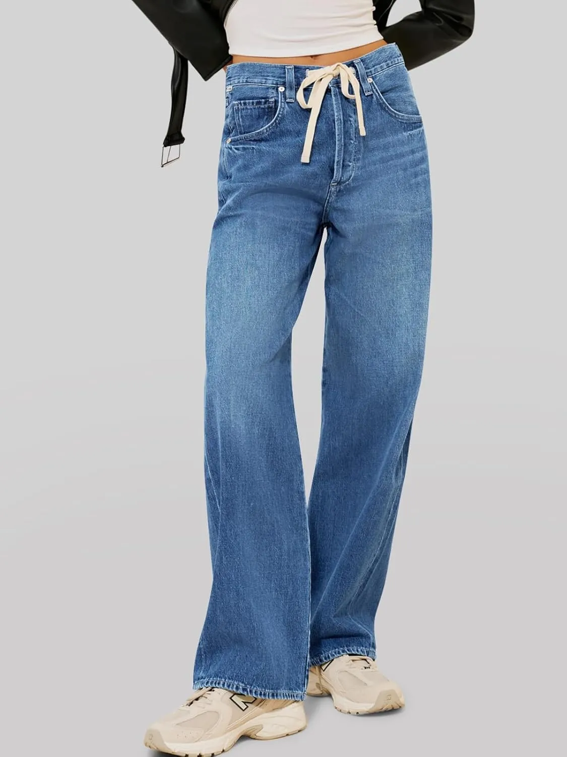 PLNOTME Womens Baggy Wide Leg Jeans Boyfriend Drawstring High Waisted Mom Denim Pants with Pockets