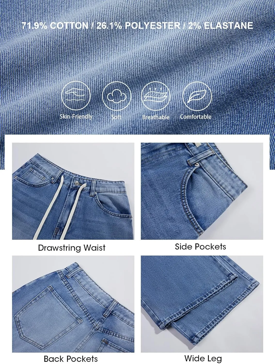 PLNOTME Womens Baggy Wide Leg Jeans Boyfriend Drawstring High Waisted Mom Denim Pants with Pockets