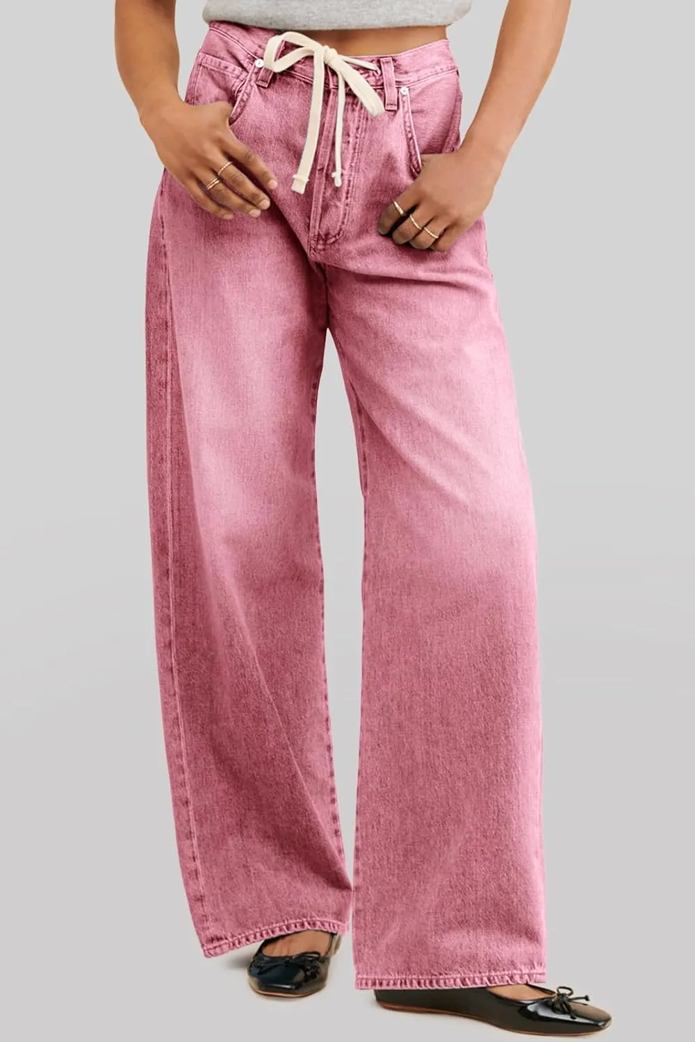 PLNOTME Womens Baggy Wide Leg Jeans Boyfriend Drawstring High Waisted Mom Denim Pants with Pockets
