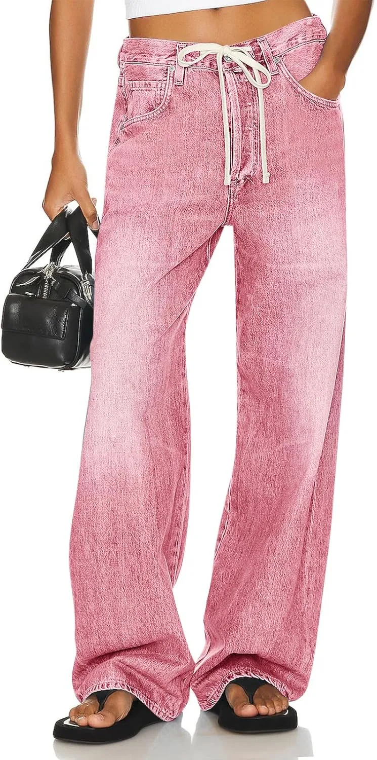 PLNOTME Womens Baggy Wide Leg Jeans Boyfriend Drawstring High Waisted Mom Denim Pants with Pockets