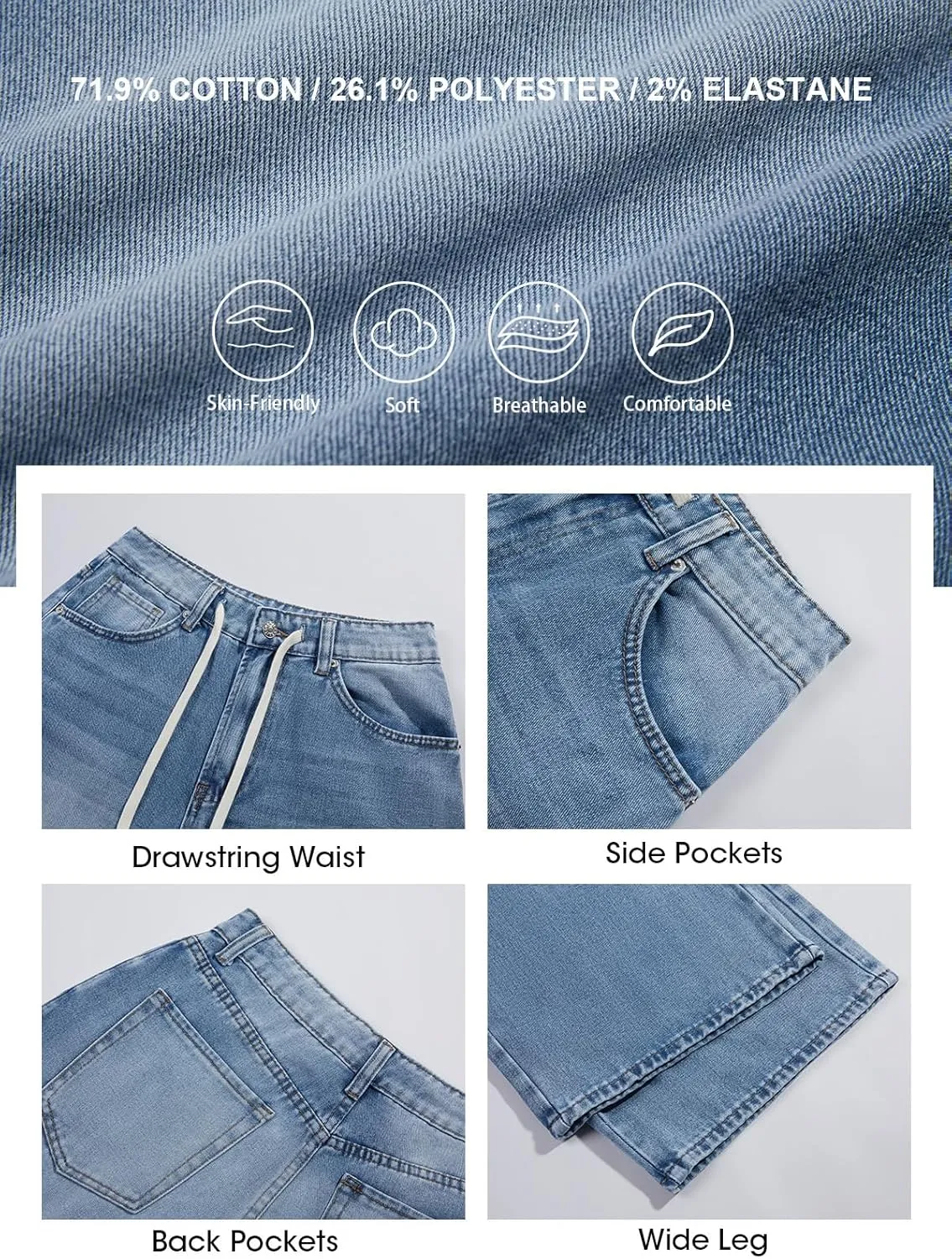 PLNOTME Womens Baggy Wide Leg Jeans Boyfriend Drawstring High Waisted Mom Denim Pants with Pockets