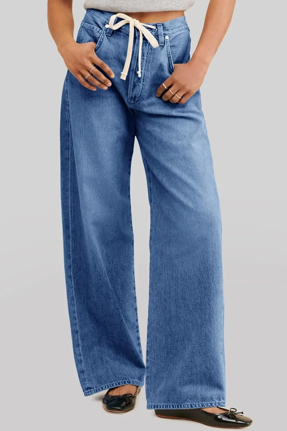 PLNOTME Womens Baggy Wide Leg Jeans Boyfriend Drawstring High Waisted Mom Denim Pants with Pockets