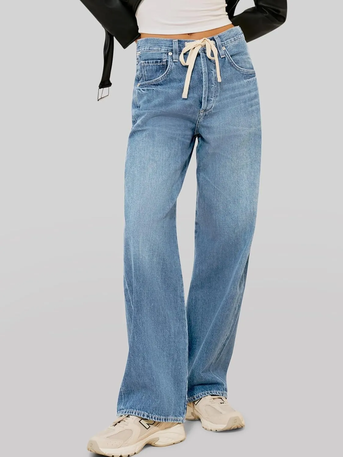 PLNOTME Womens Baggy Wide Leg Jeans Boyfriend Drawstring High Waisted Mom Denim Pants with Pockets