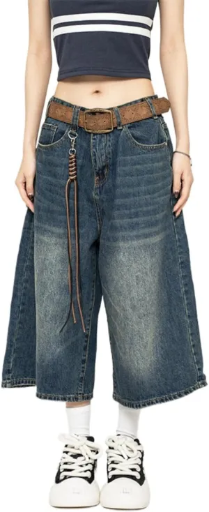 POHADON Women Y2k Baggy Jorts Vintage Wide Leg Long Jean Shorts Loose Fit Capri Denim Shorts Trendy Grunge Vintage Streetwear