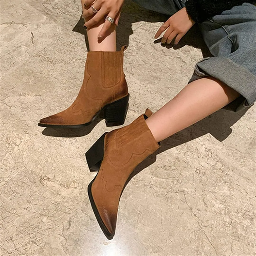 Pointed Toe Boots for Women Ankle Booties Mid Heel Thick Square Heel Slip On Western Boots