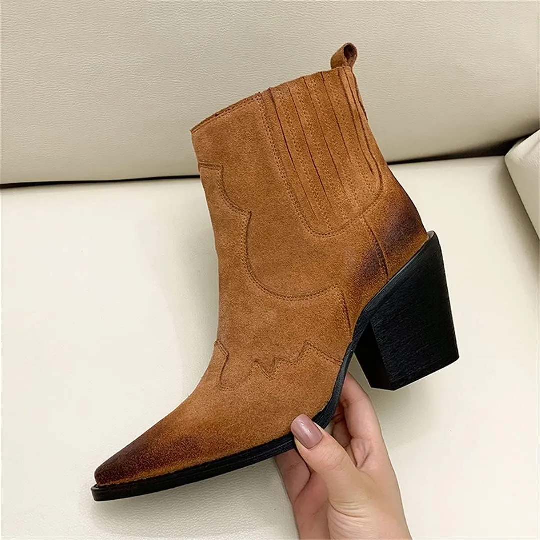 Pointed Toe Boots for Women Ankle Booties Mid Heel Thick Square Heel Slip On Western Boots