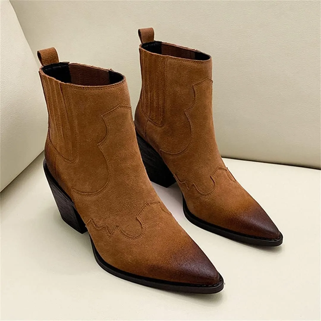 Pointed Toe Boots for Women Ankle Booties Mid Heel Thick Square Heel Slip On Western Boots