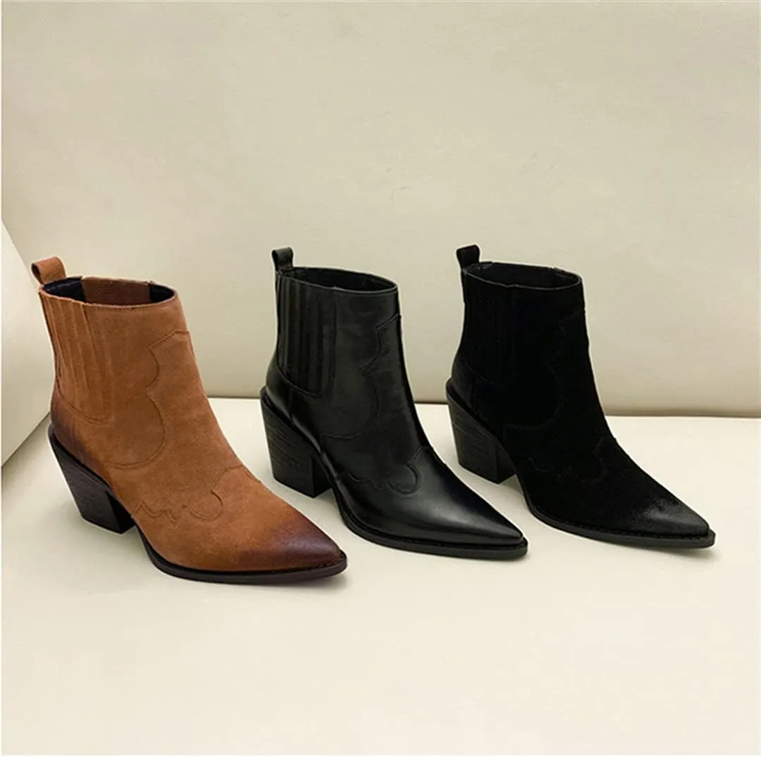 Pointed Toe Boots for Women Ankle Booties Mid Heel Thick Square Heel Slip On Western Boots
