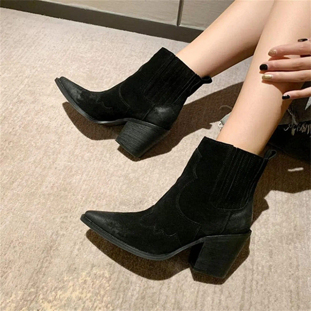 Pointed Toe Boots for Women Ankle Booties Mid Heel Thick Square Heel Slip On Western Boots