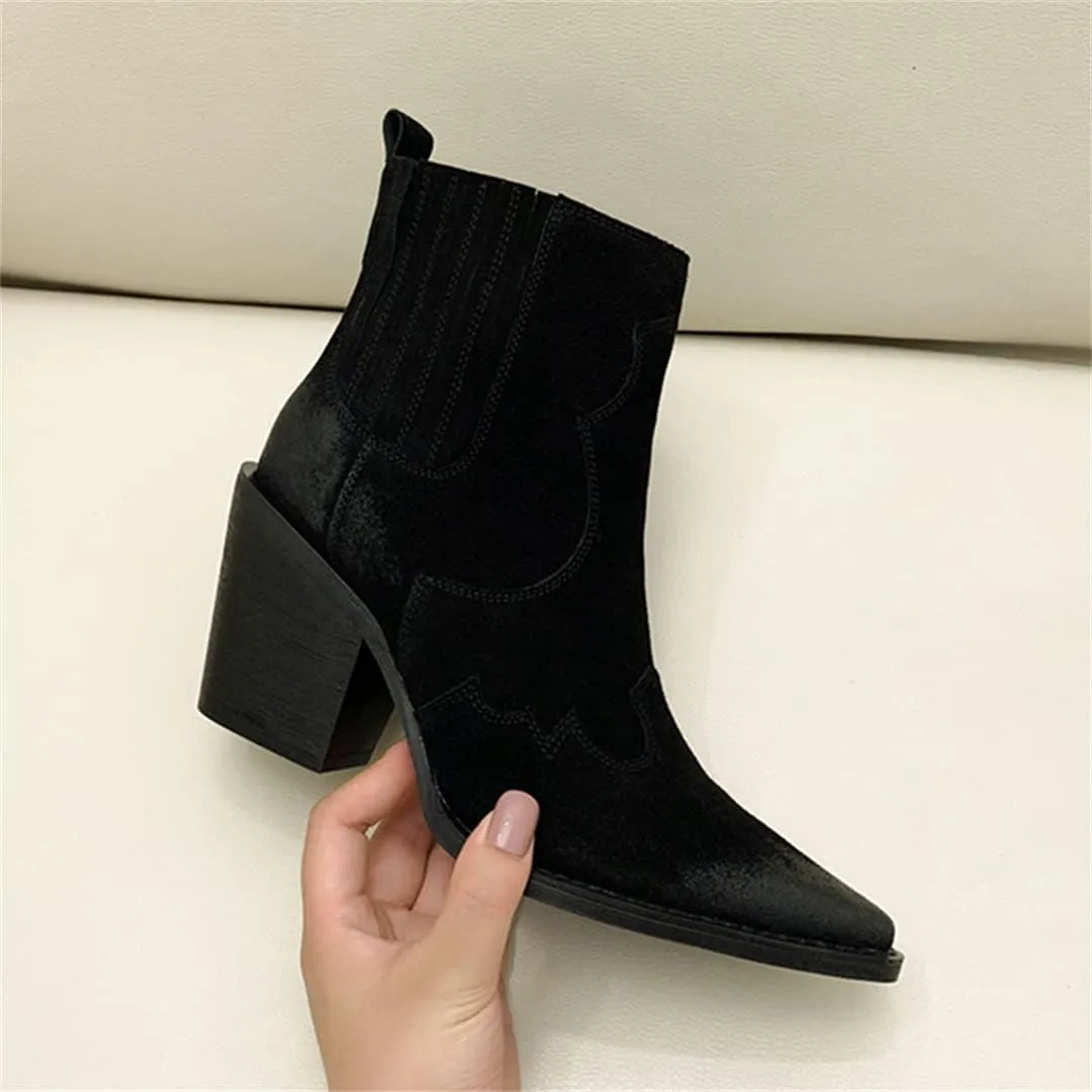 Pointed Toe Boots for Women Ankle Booties Mid Heel Thick Square Heel Slip On Western Boots