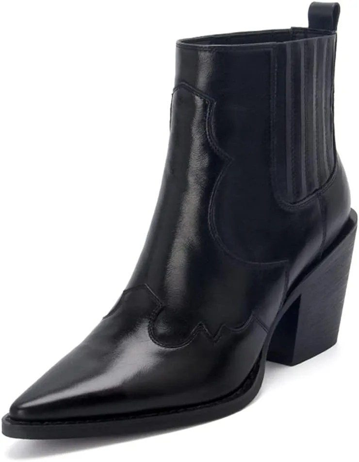 Pointed Toe Boots for Women Ankle Booties Mid Heel Thick Square Heel Slip On Western Boots