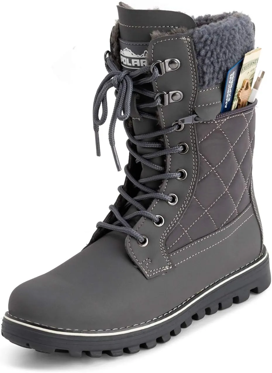 POLAR Womens Memory Foam Outside Pocket Inside Zip Thermal Waterproof Deep Tread Rubber Sole Snow Boots