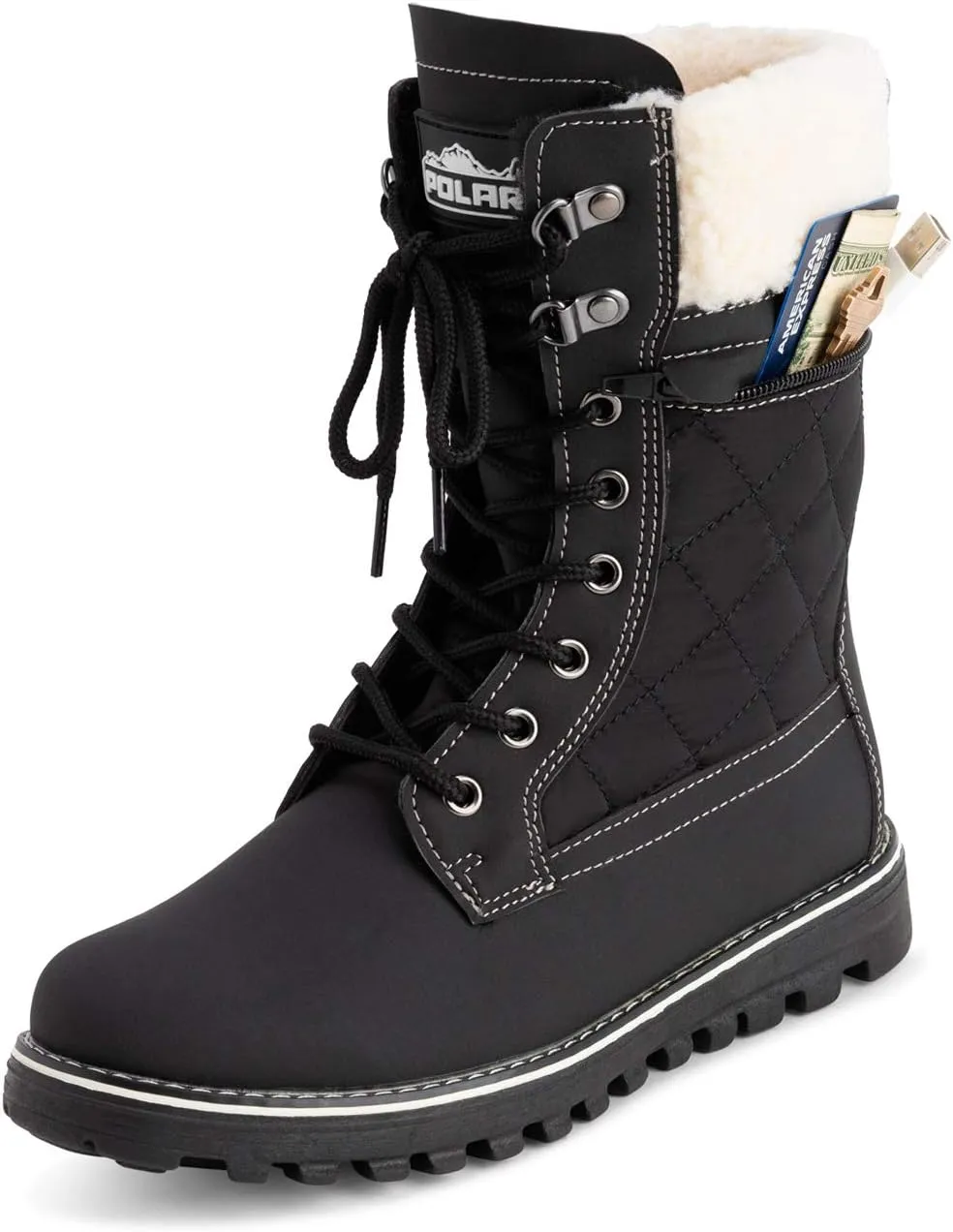 POLAR Womens Memory Foam Outside Pocket Inside Zip Thermal Waterproof Deep Tread Rubber Sole Snow Boots