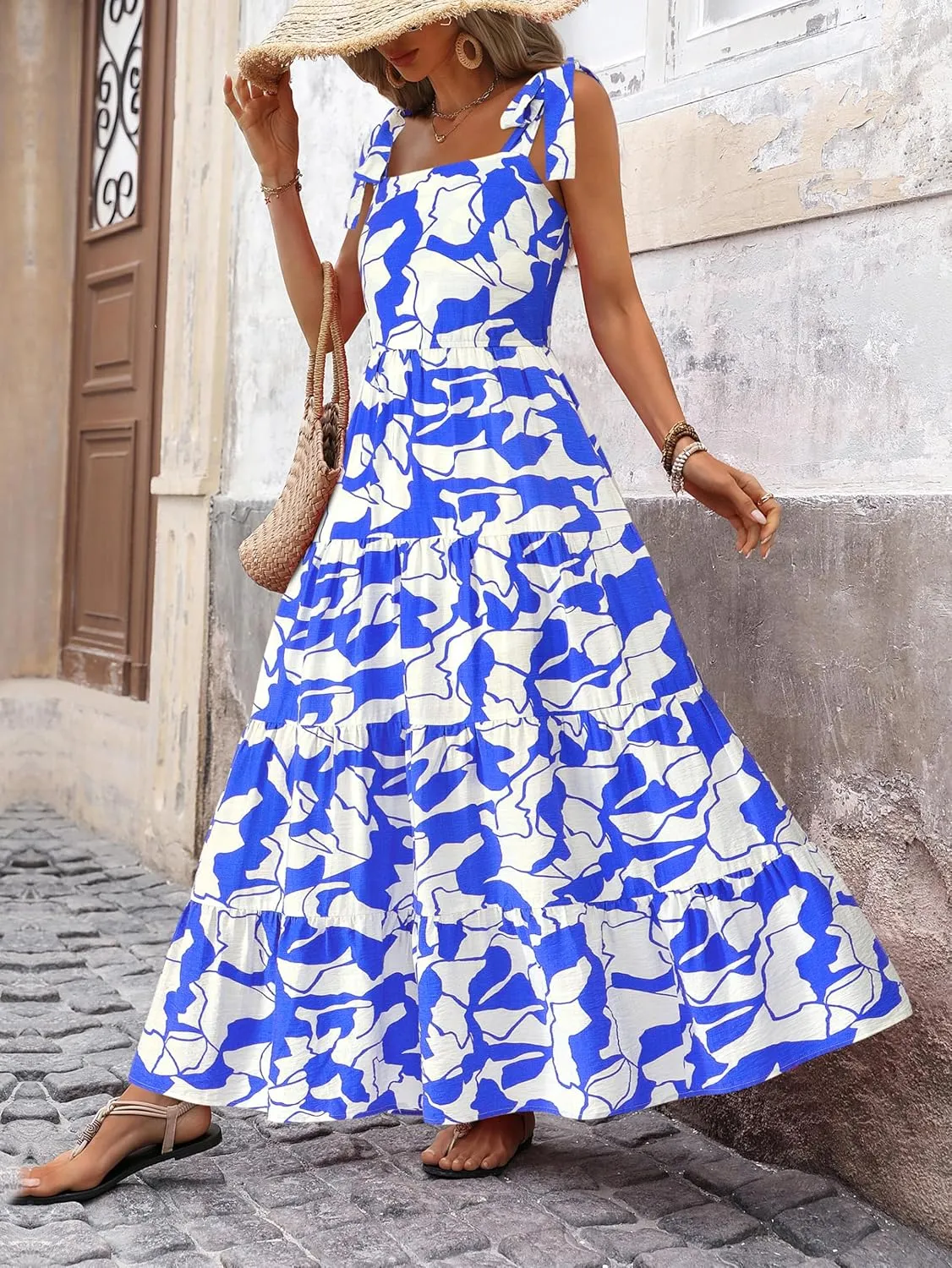 PRETTYGARDEN Womens Dresses 2025 Summer Sleeveless Maxi Dress Square Neck Floral Spaghetti Strap Aline Flowy Beach Long Dress
