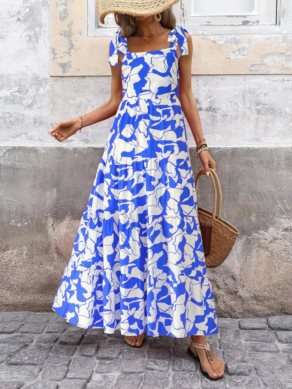 PRETTYGARDEN Womens Dresses 2025 Summer Sleeveless Maxi Dress Square Neck Floral Spaghetti Strap Aline Flowy Beach Long Dress
