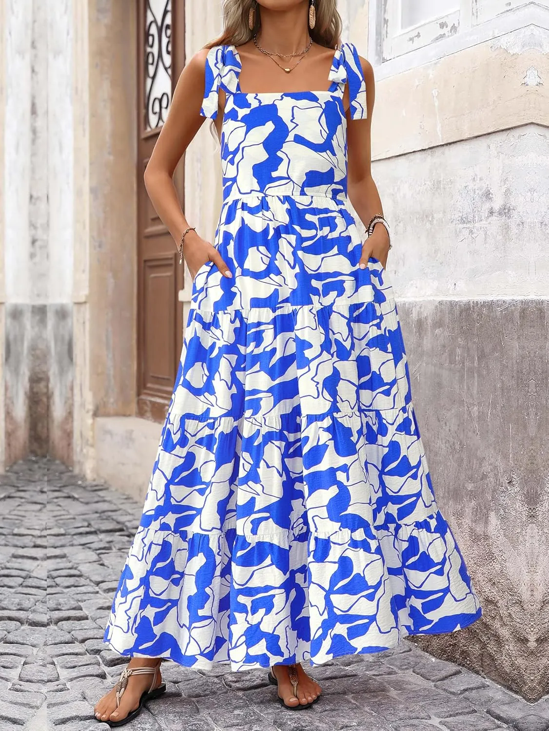 PRETTYGARDEN Womens Dresses 2025 Summer Sleeveless Maxi Dress Square Neck Floral Spaghetti Strap Aline Flowy Beach Long Dress