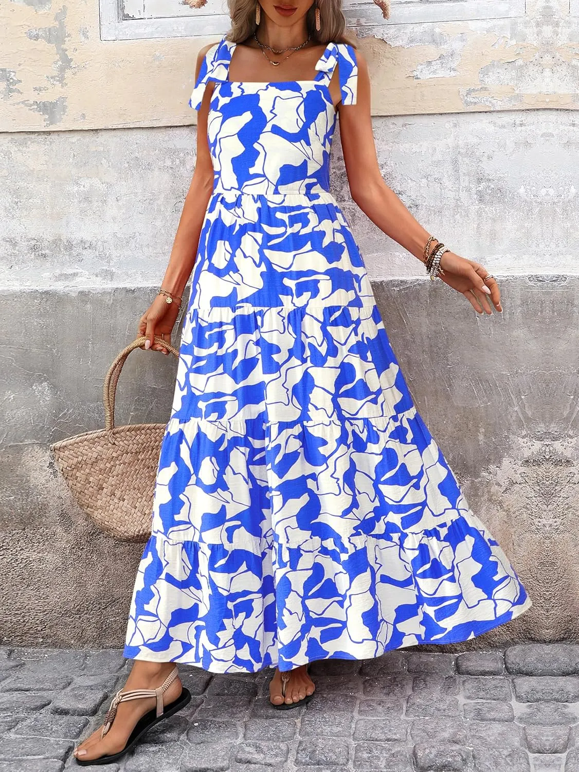 PRETTYGARDEN Womens Dresses 2025 Summer Sleeveless Maxi Dress Square Neck Floral Spaghetti Strap Aline Flowy Beach Long Dress
