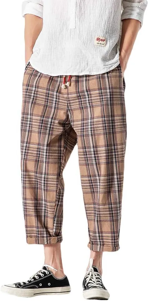 PRIJOUHE Men's Casual Capri Pants Elastic Waist Wide Leg Loose Baggy Harem Pants Breathable Summer Beach Pants