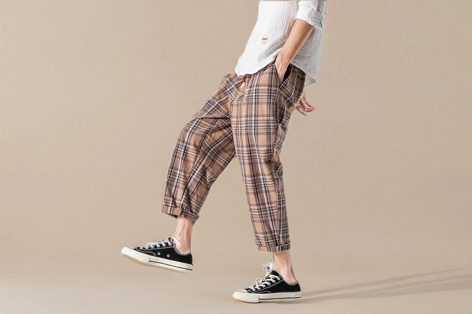 PRIJOUHE Men's Casual Capri Pants Elastic Waist Wide Leg Loose Baggy Harem Pants Breathable Summer Beach Pants