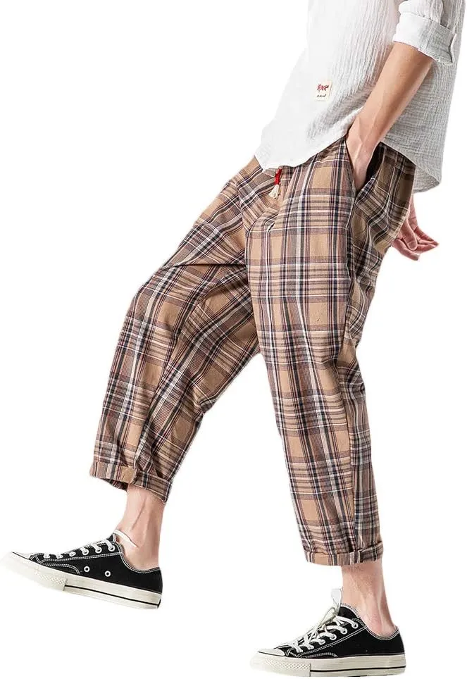 PRIJOUHE Men's Casual Capri Pants Elastic Waist Wide Leg Loose Baggy Harem Pants Breathable Summer Beach Pants