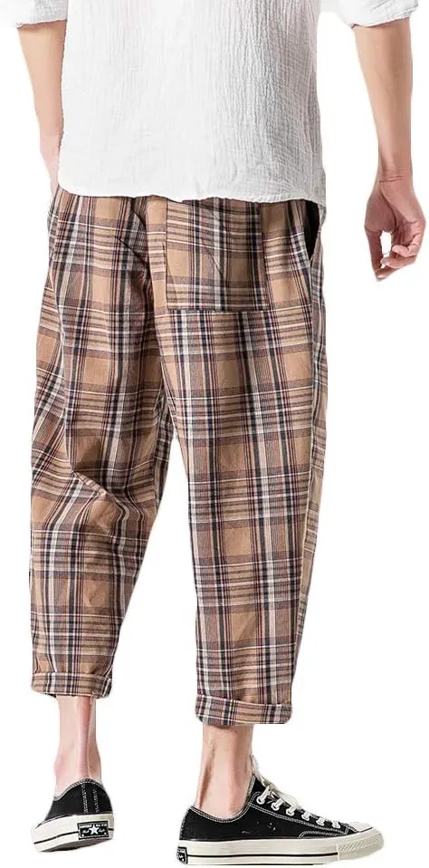 PRIJOUHE Men's Casual Capri Pants Elastic Waist Wide Leg Loose Baggy Harem Pants Breathable Summer Beach Pants