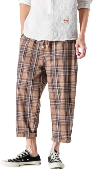 PRIJOUHE Men's Casual Capri Pants Elastic Waist Wide Leg Loose Baggy Harem Pants Breathable Summer Beach Pants